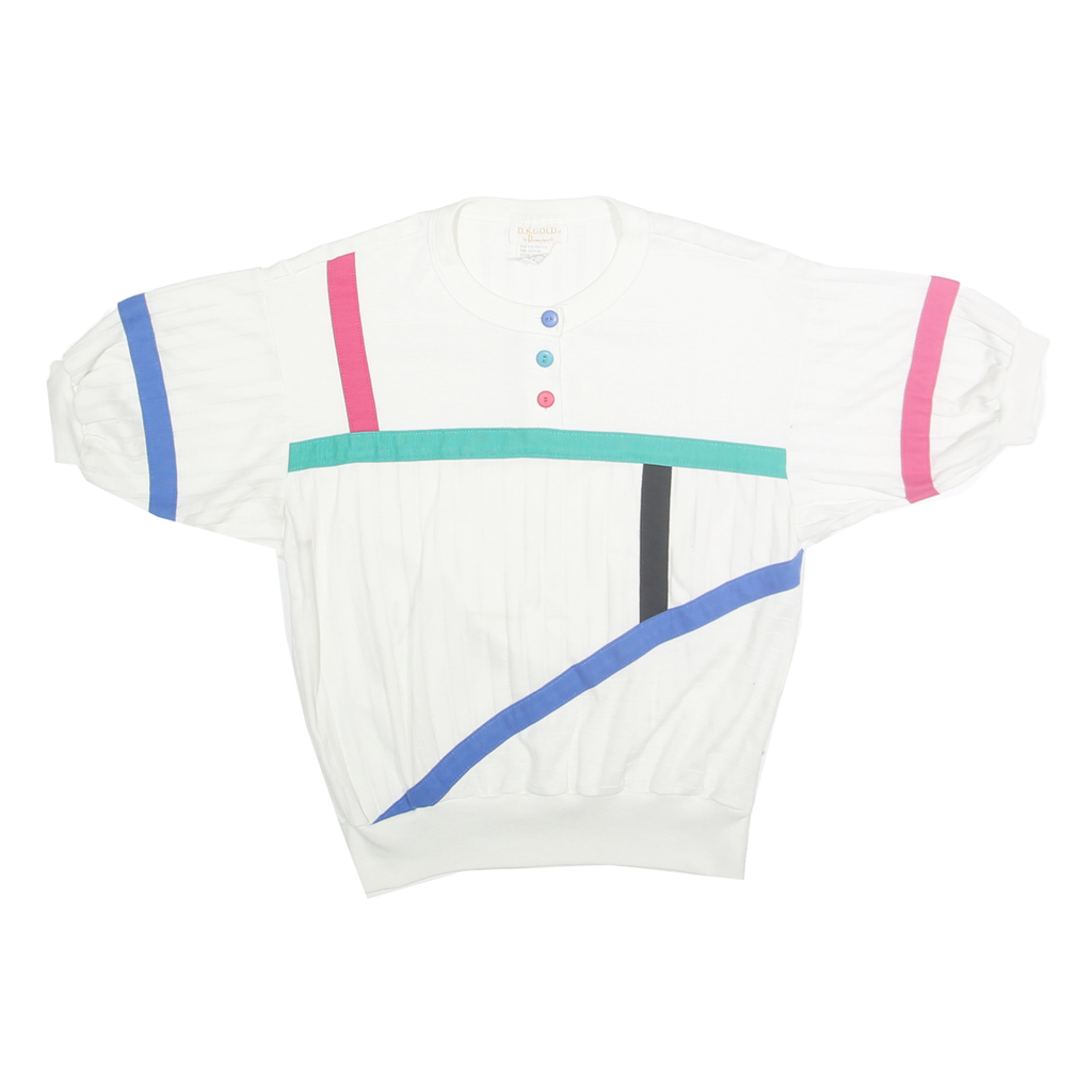 DK GOLD Womens White Blue Pink Colourblock T-Shirt S Short Sleeve Round Neck