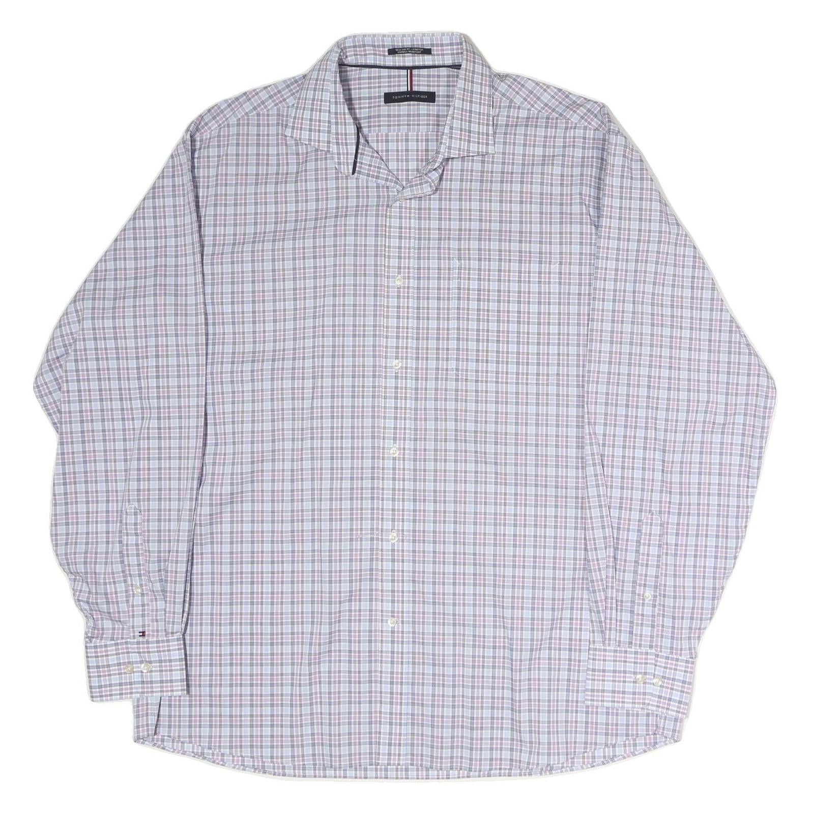 TOMMY HILFIGER Mens Blue & Pink Check Shirt XL Classic Cotton Long Sleeve Casual