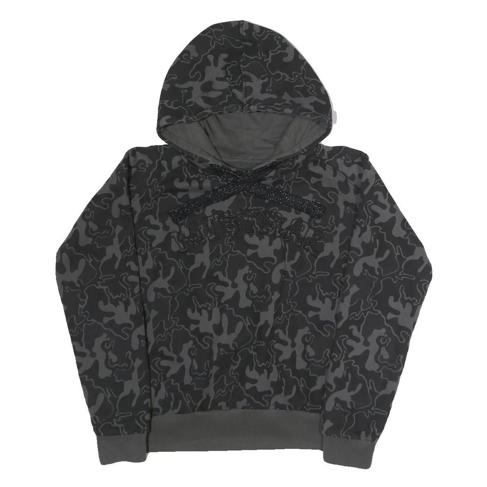 MISTRAL Womens Black Camouflage Hoodie M Cotton Blend Pullover Sweatshirt