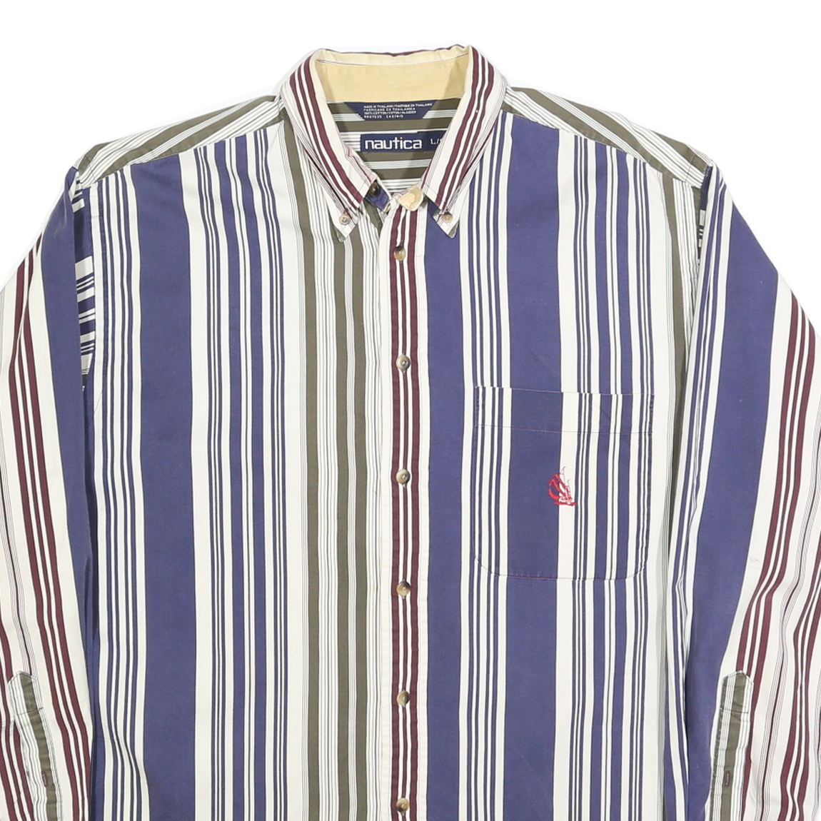 NAUTICA Mens Blue Green Red White Striped Shirt L Button Down Casual Cotton