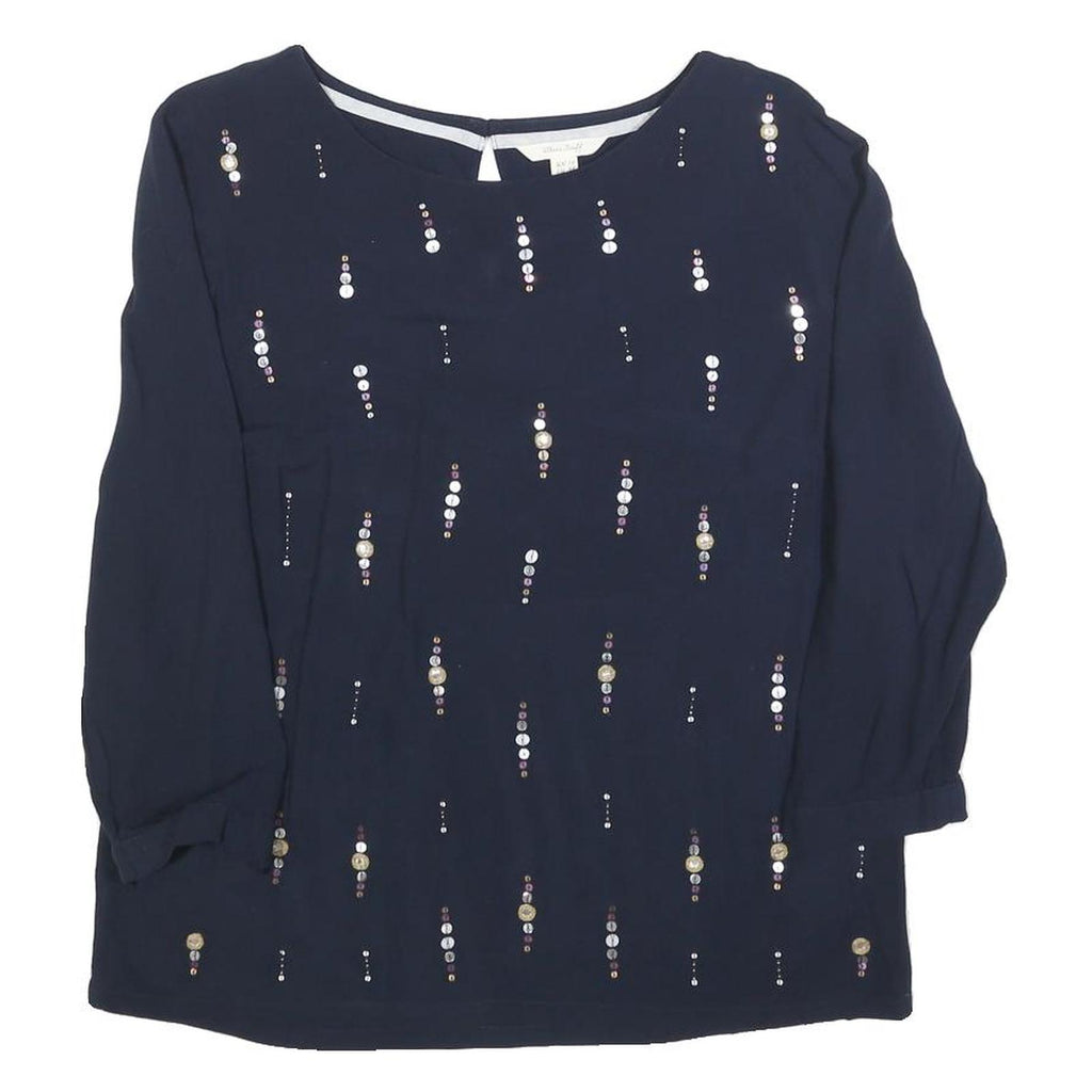 WHITE STUFF Womens Navy Embellished Long Sleeve Round Neck Top UK 10 Viscose