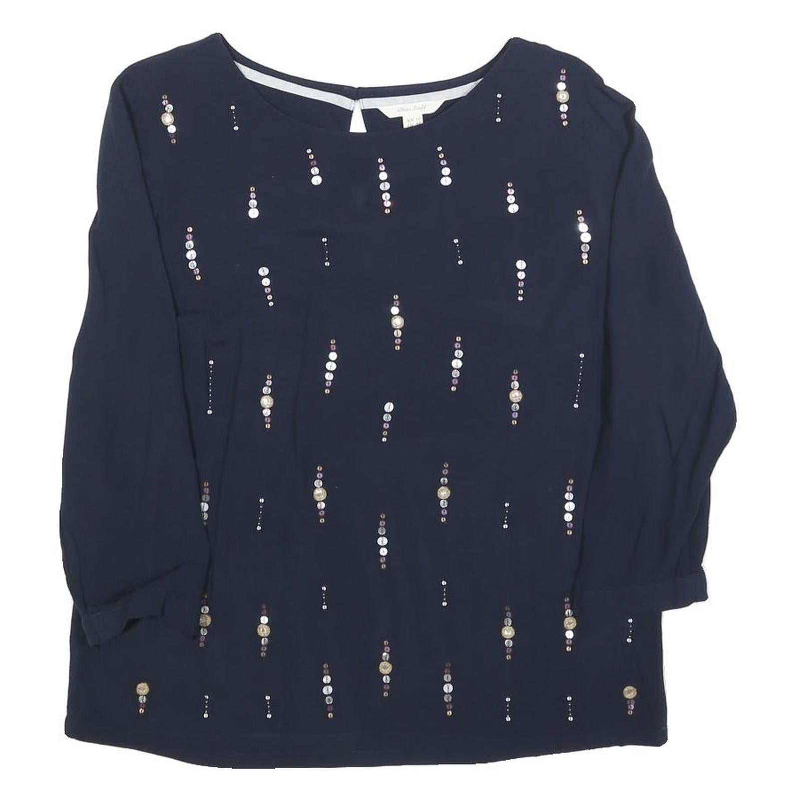 WHITE STUFF Womens Navy Embellished Long Sleeve Round Neck Top UK 10 Viscose