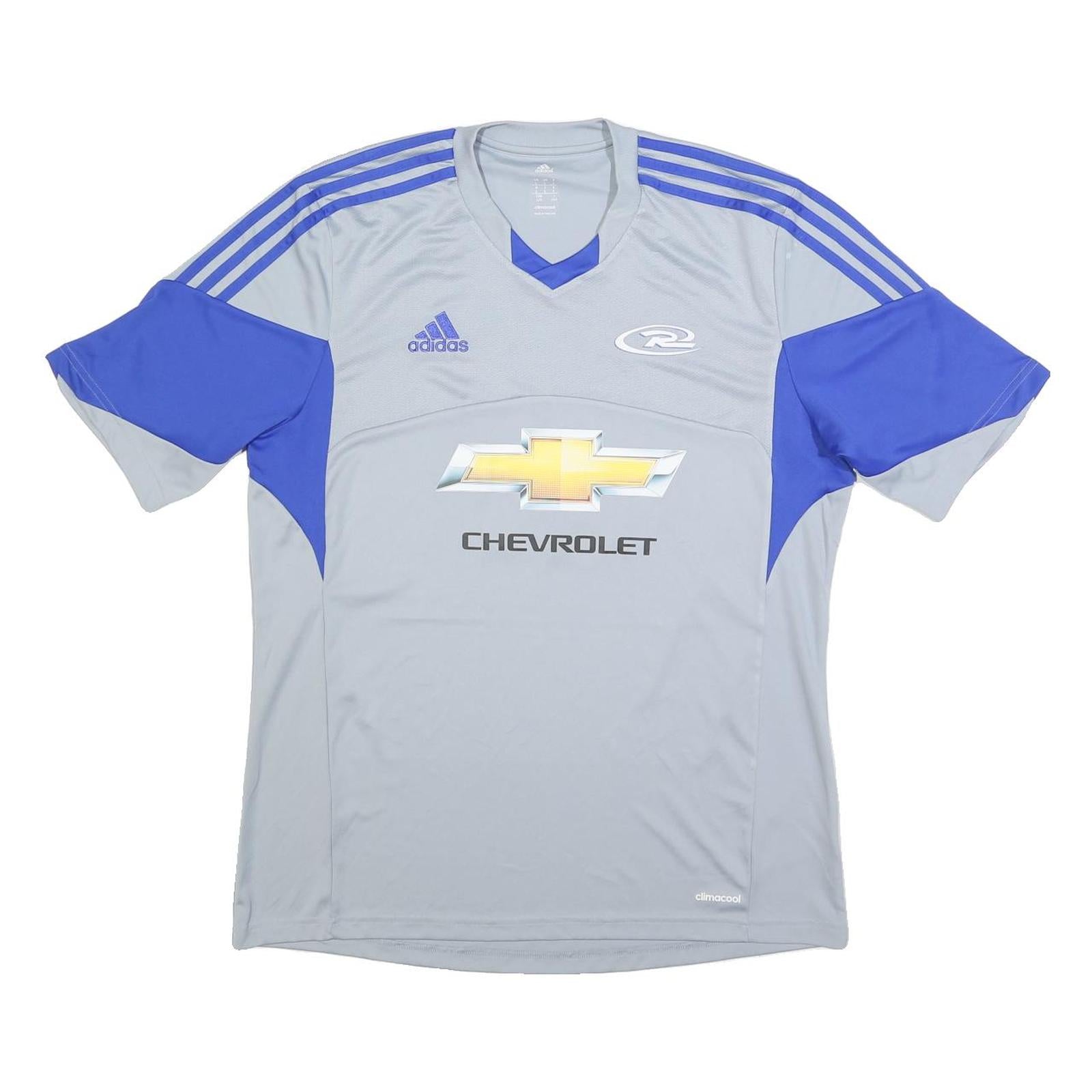 ADIDAS Mens Grey & Blue Graphic T-Shirt L Short Sleeve V-Neck Sportswear