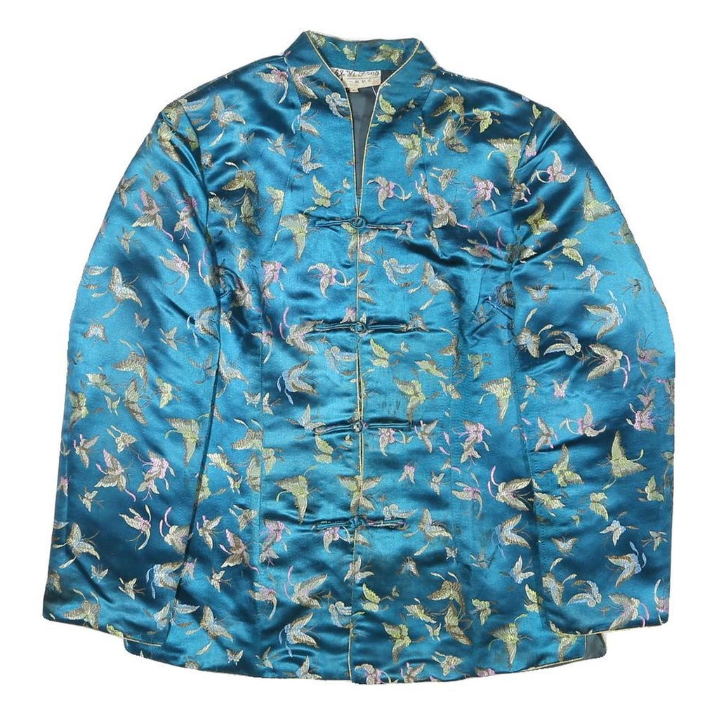 YI FANG Womens Blue Button Jacket S Polyester Blend Butterfly Pattern Elegant