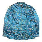 YI FANG Womens Blue Button Jacket S Polyester Blend Butterfly Pattern Elegant
