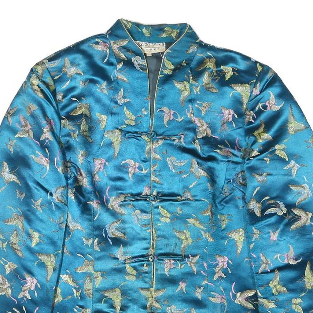 YI FANG Womens Blue Button Jacket S Polyester Blend Butterfly Pattern Elegant