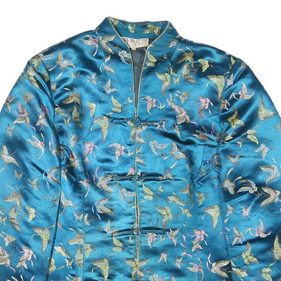YI FANG Womens Blue Button Jacket S Polyester Blend Butterfly Pattern Elegant