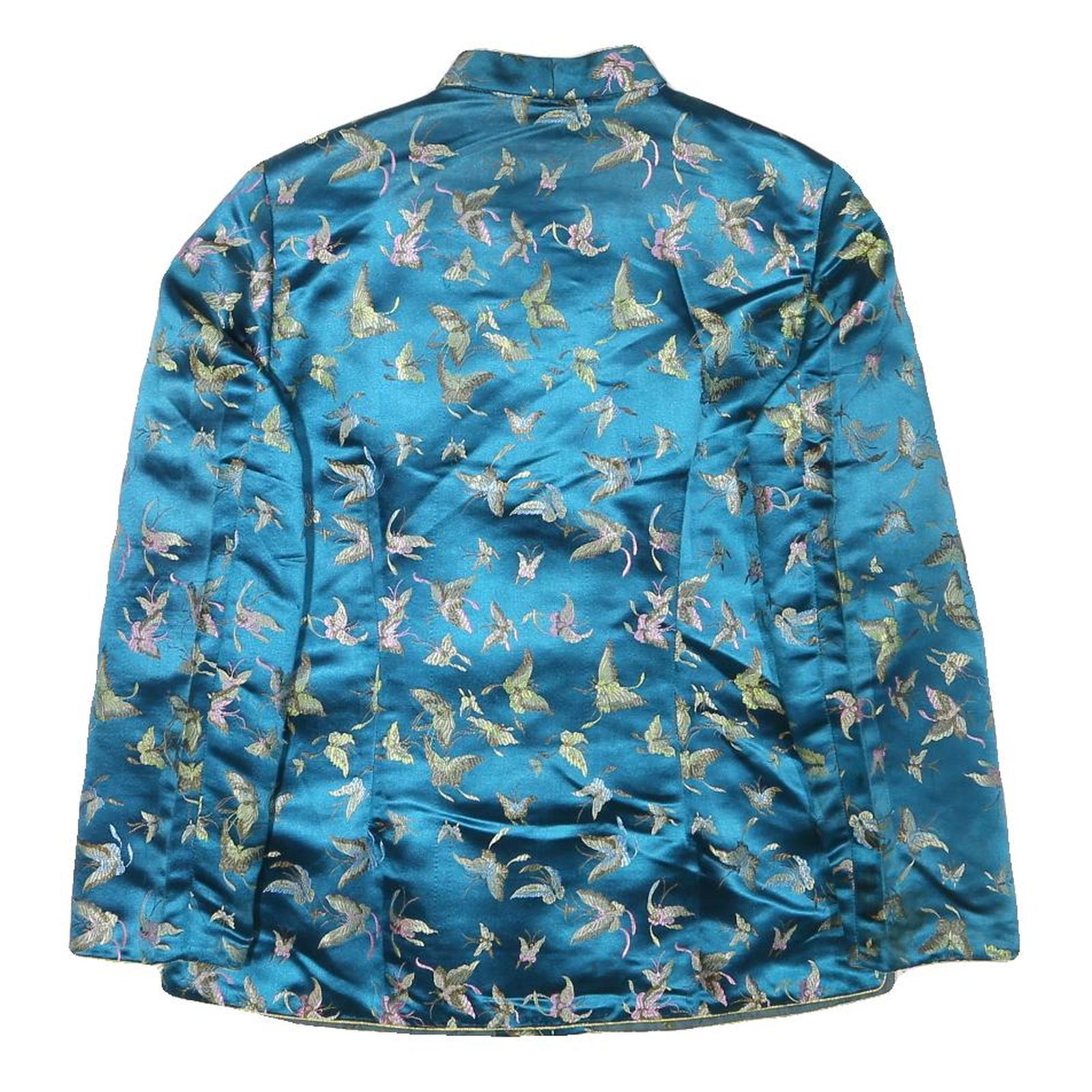 YI FANG Womens Blue Button Jacket S Polyester Blend Butterfly Pattern Elegant