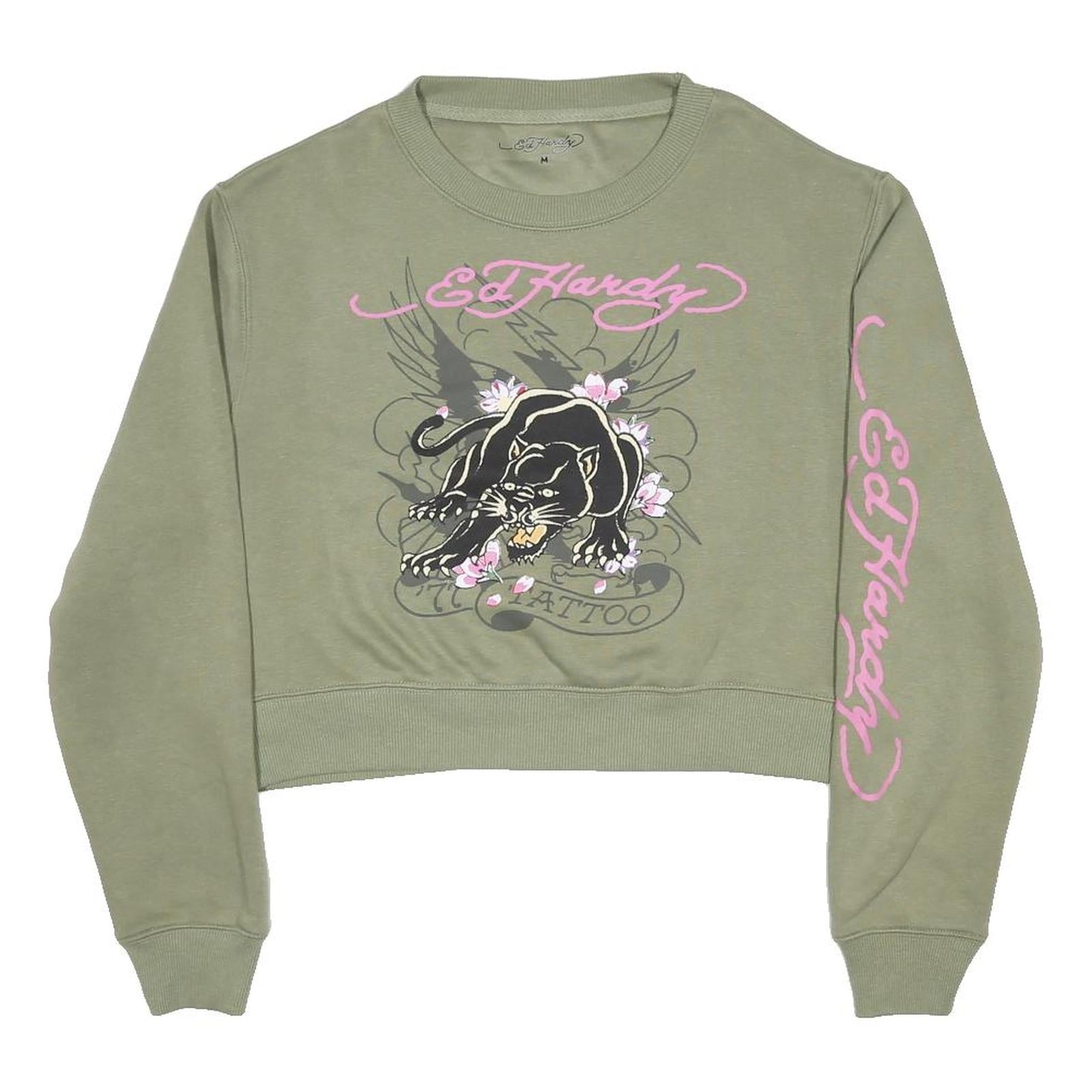 ED HARDY Womens Green Crew Neck M Signature Graphic Print Sweatshirt