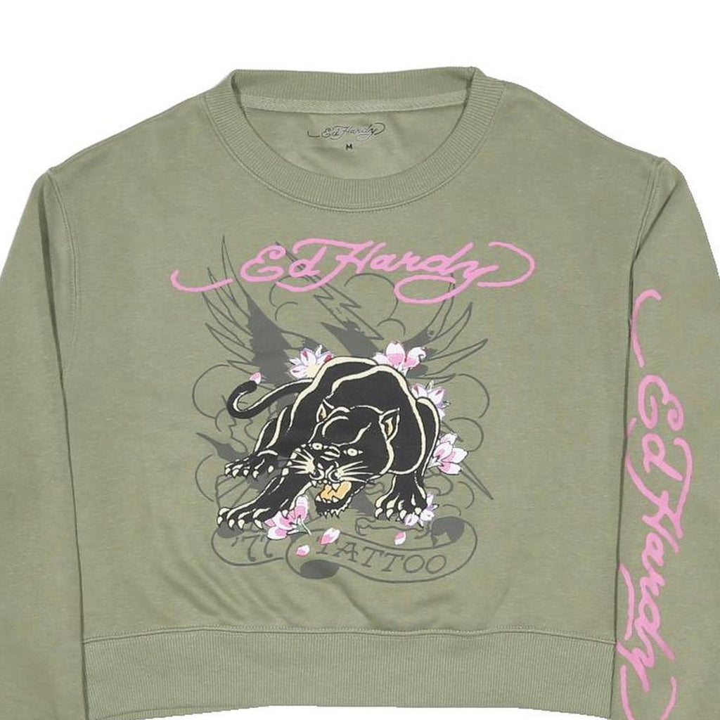 ED HARDY Womens Green Crew Neck M Signature Graphic Print Sweatshirt