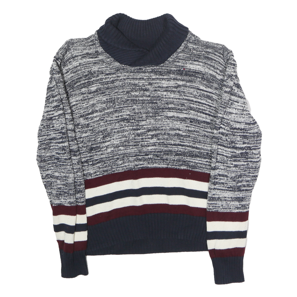 TOMMY HILFIGER Womens Blue & White Patterned Roll Neck Chunky Knit Jumper M