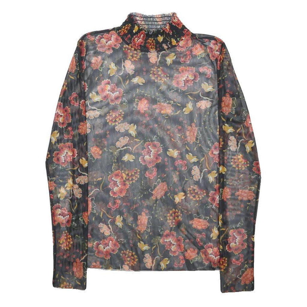 RICH & ROYAL Womens Black Floral Printed Top Long Sleeve High Neck XS Elegant