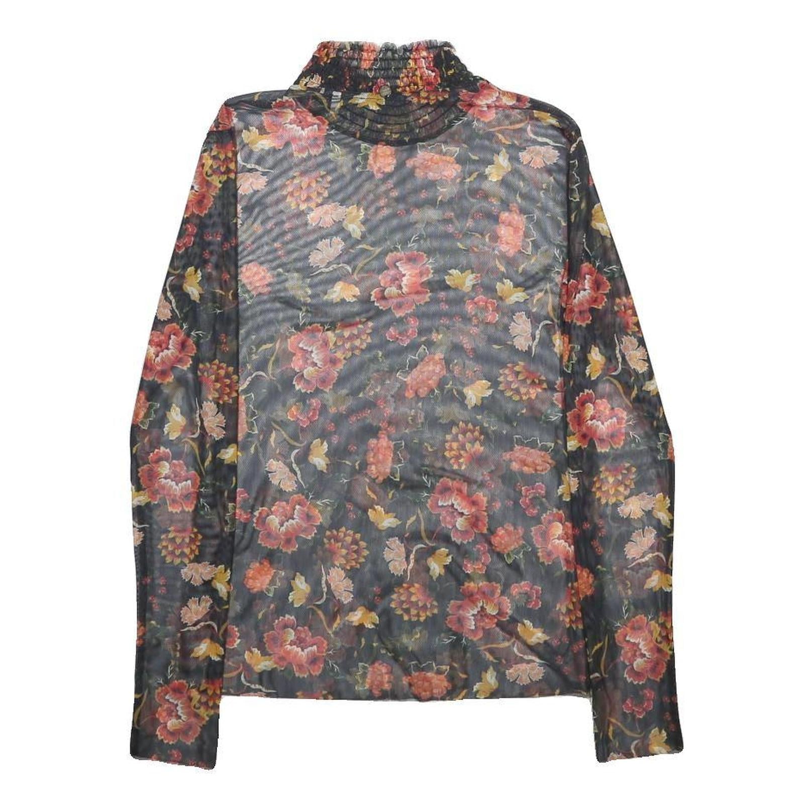 RICH & ROYAL Womens Black Floral Printed Top Long Sleeve High Neck XS Elegant