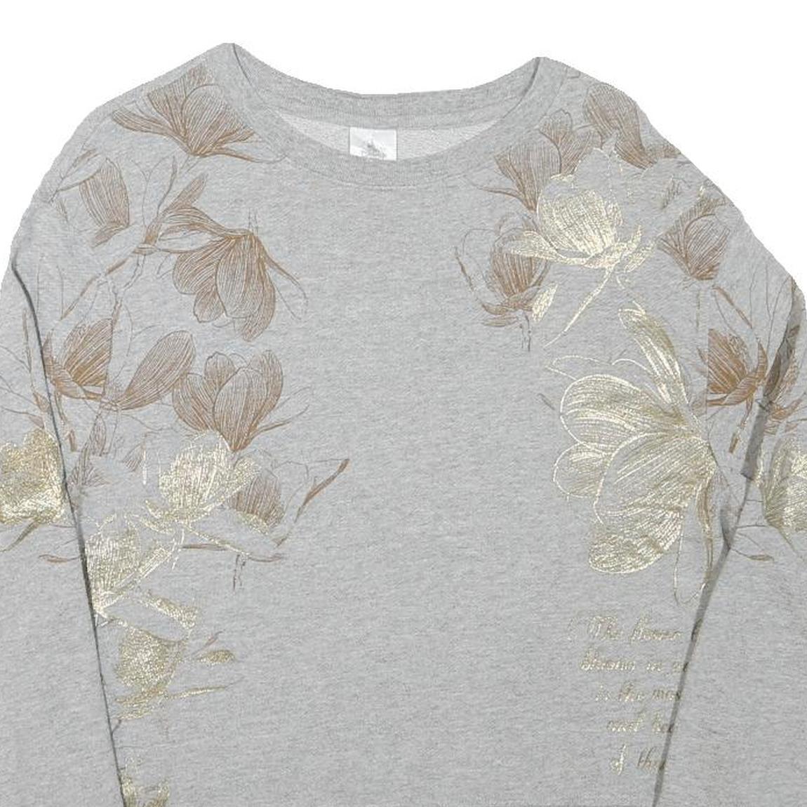 DISNEY Womens Grey Sweatshirt L Floral Print Crew Neck Cotton Blend Pullover
