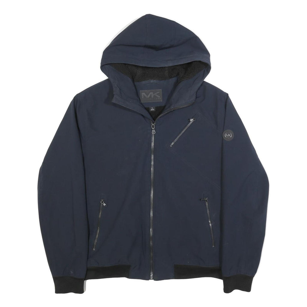 MICHAEL KORS Mens Navy Blue Zip Jacket L Polyester Casual Hooded Pocket