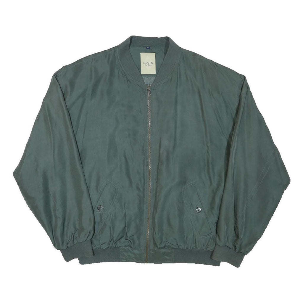 HAPPY LIFE Mens Green Bomber Jacket L Polyester Blend Plain Zip Comfortable