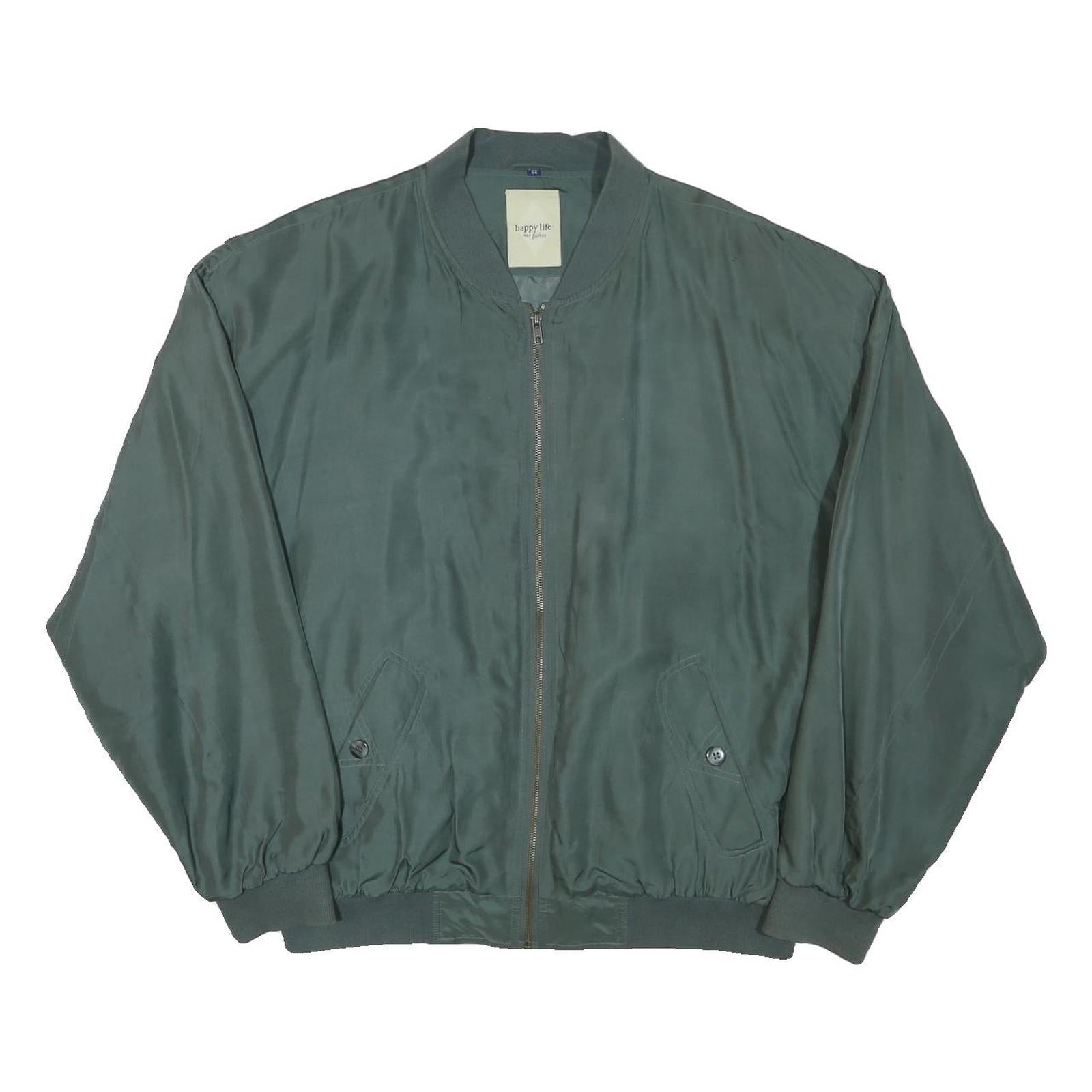 HAPPY LIFE Mens Green Bomber Jacket L Polyester Blend Plain Zip Comfortable