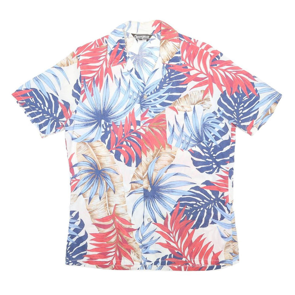 SEARS SPORTSWEAR Mens White Blue & Red Tropical Print Shirt M Polyester Blend