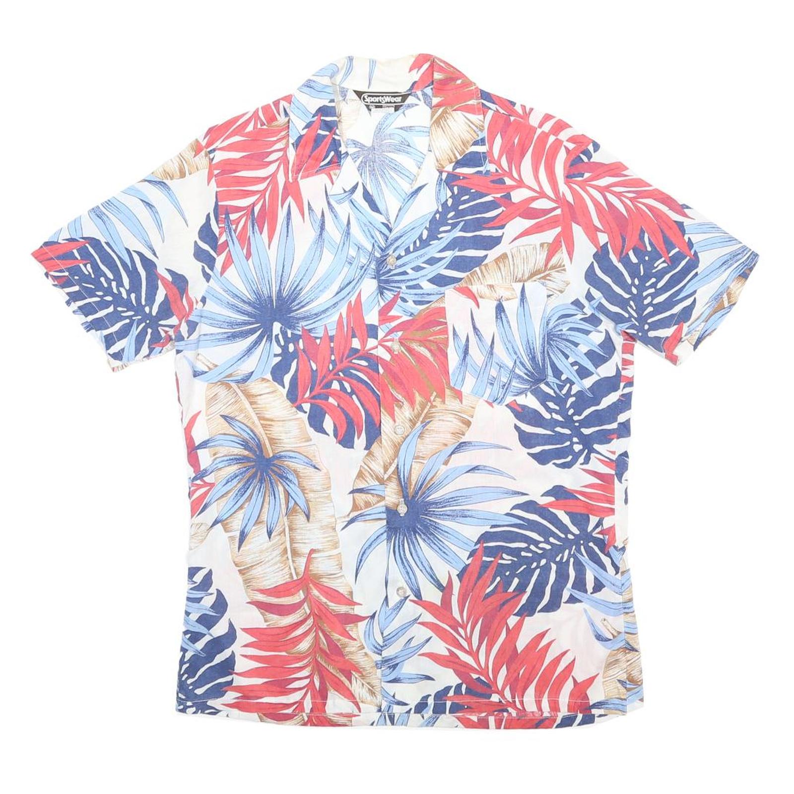 SEARS SPORTSWEAR Mens White Blue & Red Tropical Print Shirt M Polyester Blend