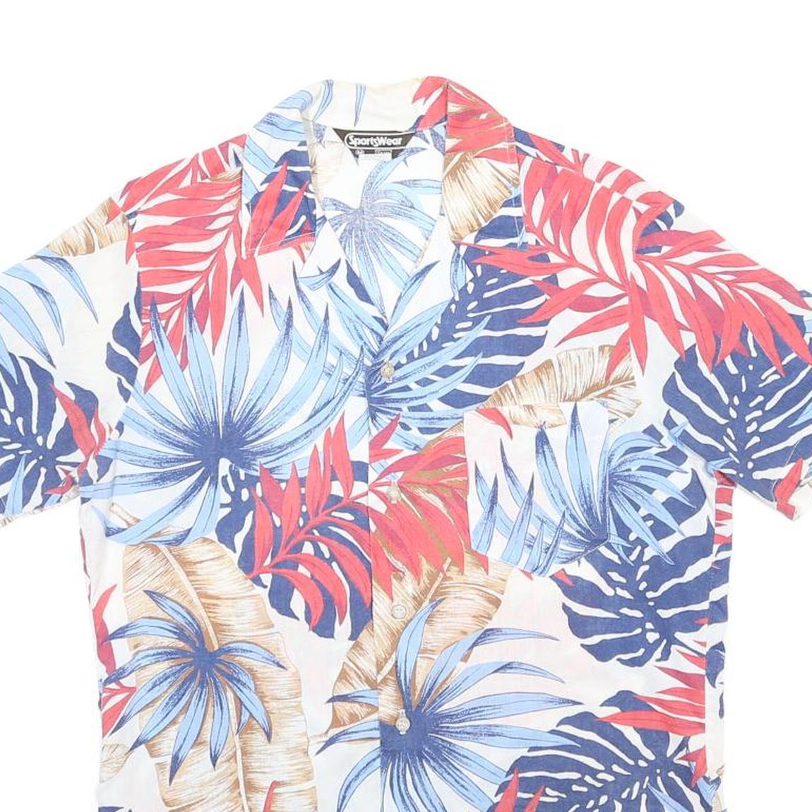 SEARS SPORTSWEAR Mens White Blue & Red Tropical Print Shirt M Polyester Blend