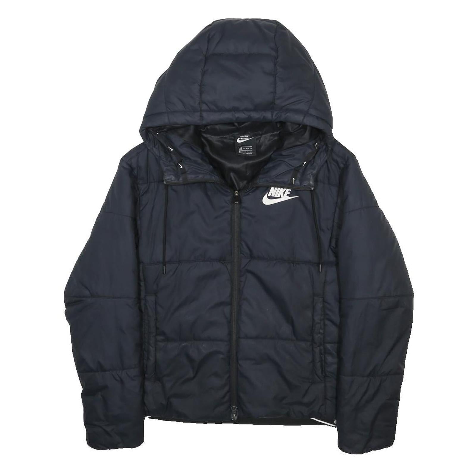 NIKE Womens Black Puffer Jacket XS Polyester Blend Zip Hooded Plain Casual Warm