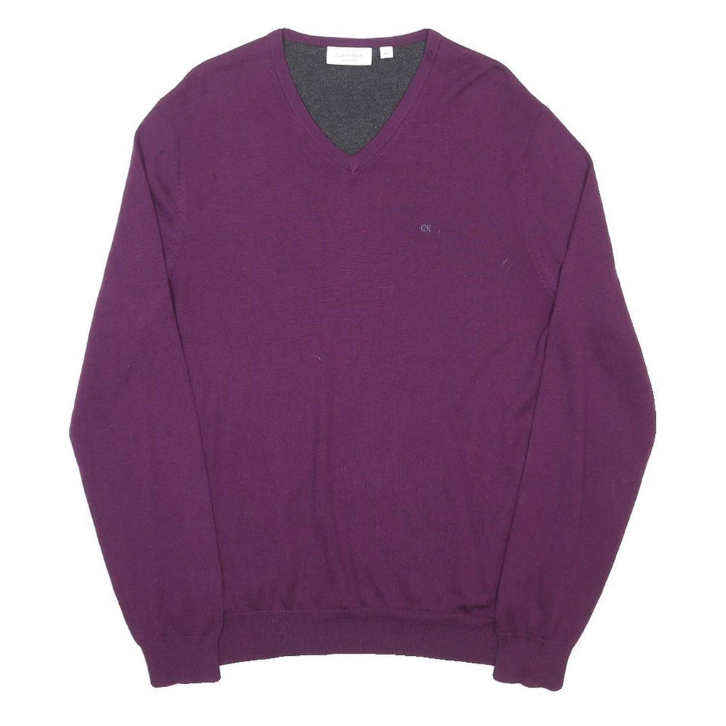 CALVIN KLEIN Mens Purple V-Neck Plain Wool Jumper M CK Logo Casual Knitwear