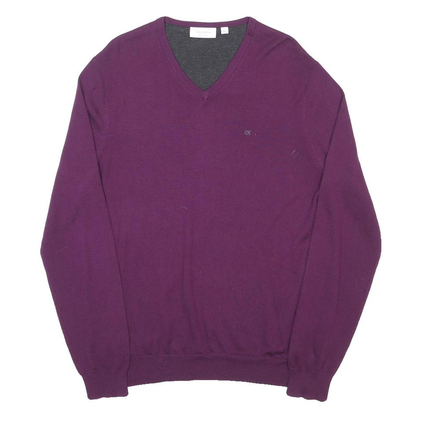CALVIN KLEIN Mens Purple V-Neck Plain Wool Jumper M CK Logo Casual Knitwear