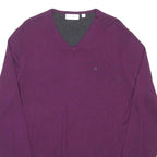 CALVIN KLEIN Mens Purple V-Neck Plain Wool Jumper M CK Logo Casual Knitwear