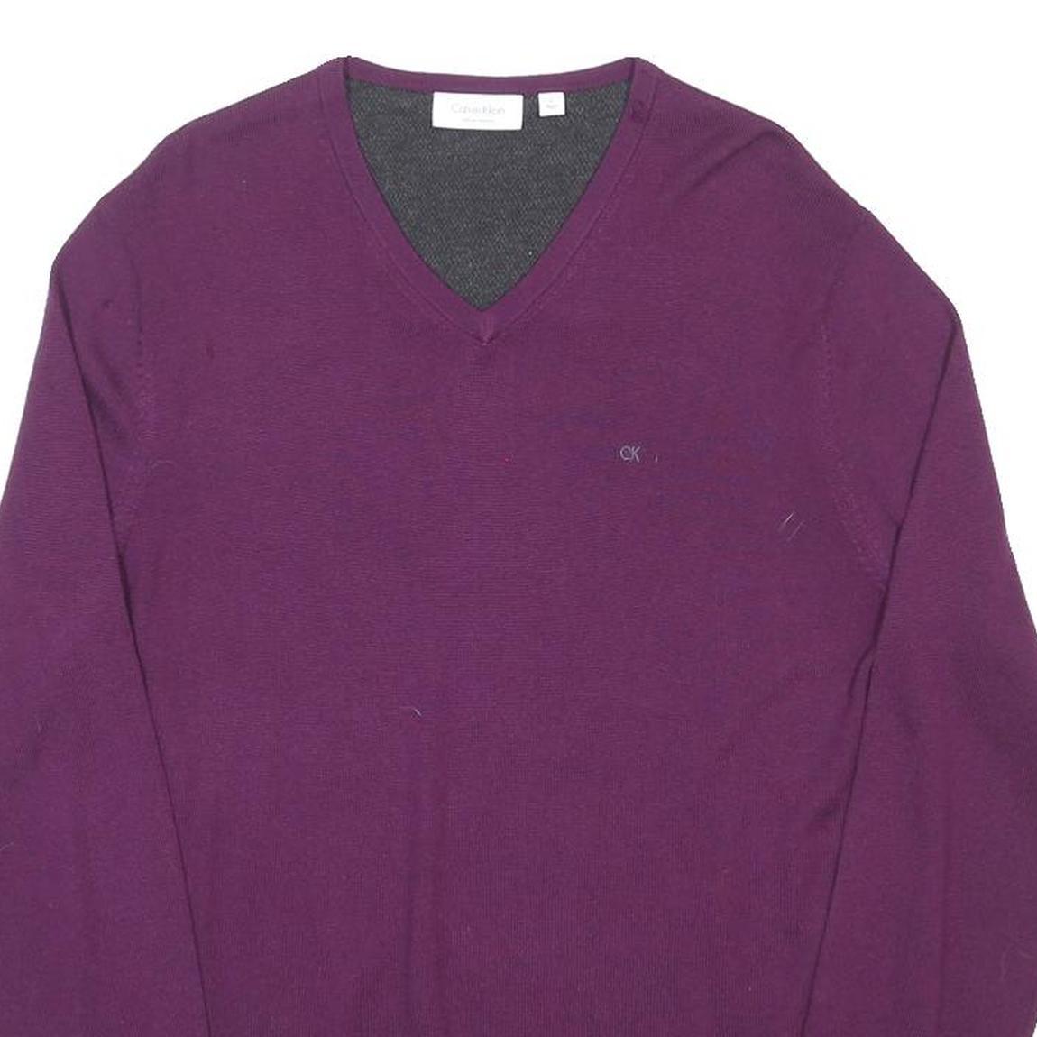 CALVIN KLEIN Mens Purple V-Neck Plain Wool Jumper M CK Logo Casual Knitwear