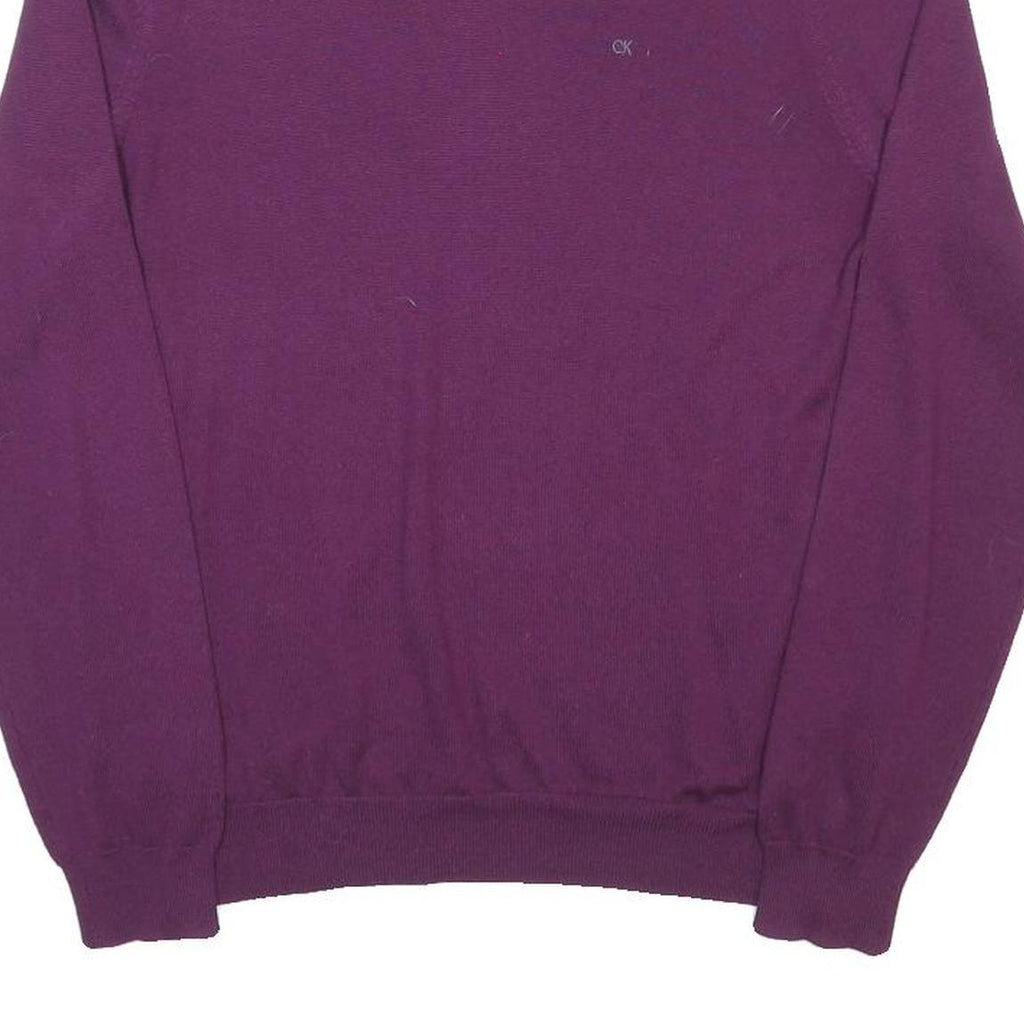CALVIN KLEIN Mens Purple V-Neck Plain Wool Jumper M CK Logo Casual Knitwear