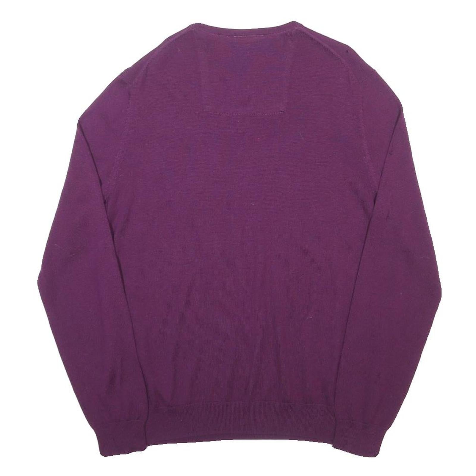 CALVIN KLEIN Mens Purple V-Neck Plain Wool Jumper M CK Logo Casual Knitwear
