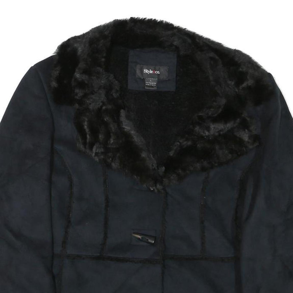 STYLE AND CO Womens Black Jacket L Polyester Faux Fur Button Closure