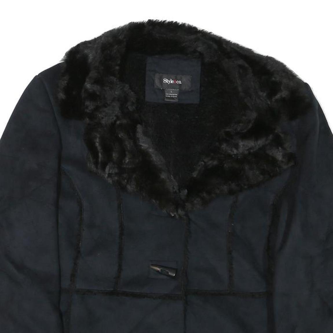 STYLE AND CO Womens Black Jacket L Polyester Faux Fur Button Closure