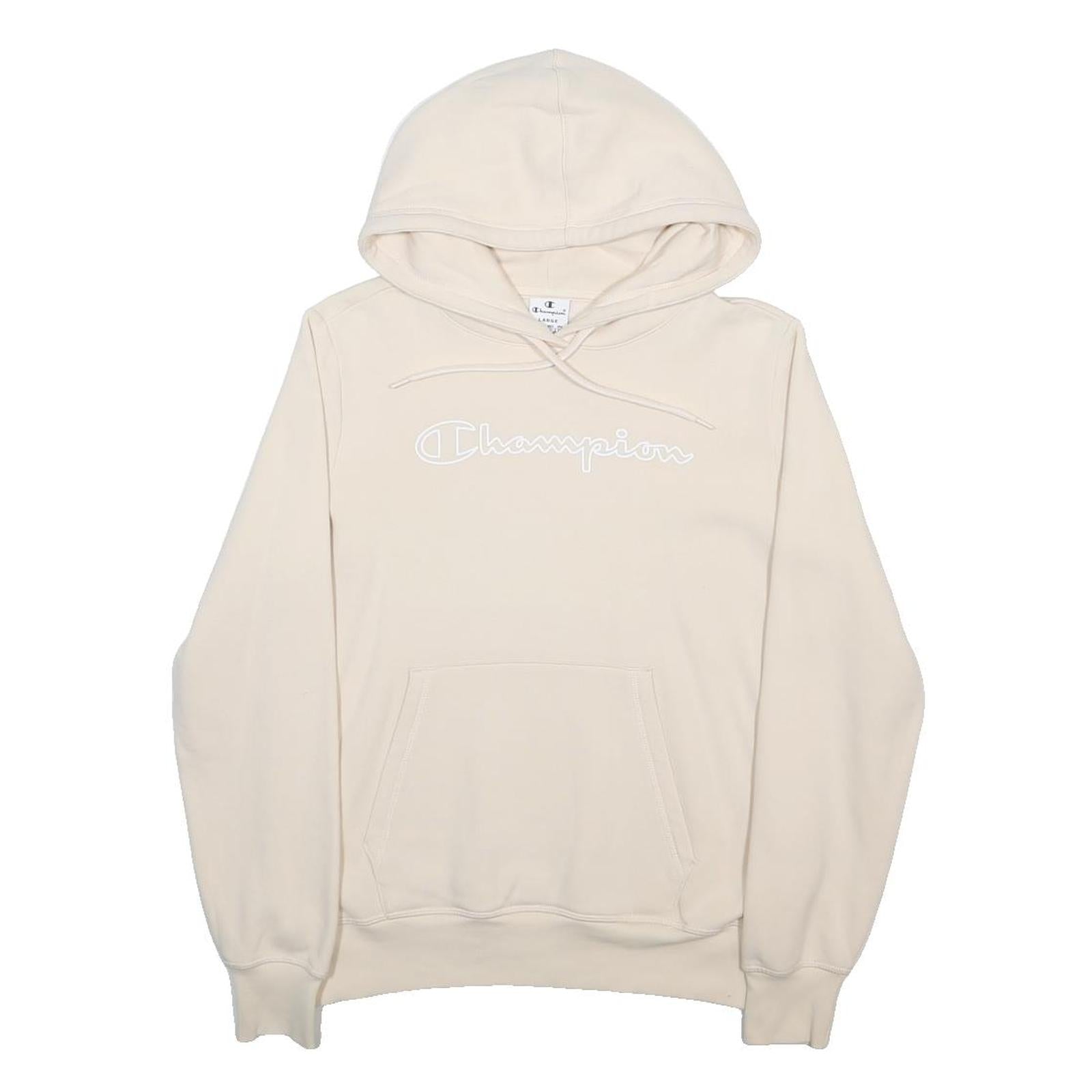 CHAMPION Mens Cream Hoodie L Cotton Blend Pullover with Logo Embroidery