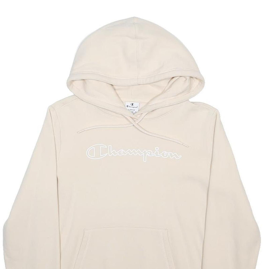CHAMPION Mens Cream Hoodie L Cotton Blend Pullover with Logo Embroidery