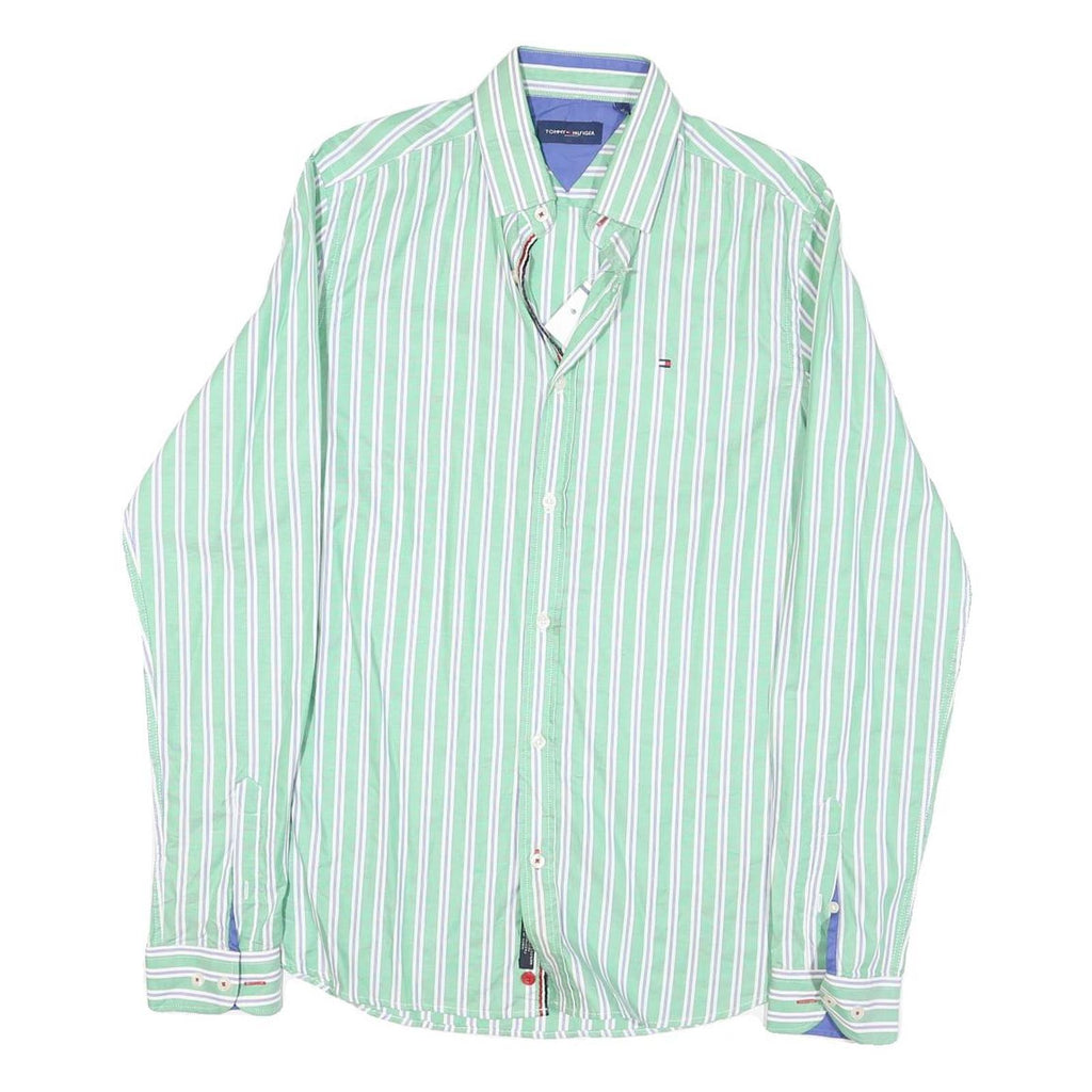 TOMMY HILFIGER Mens Green & White Striped Cotton Blend Shirt M Classic Fit