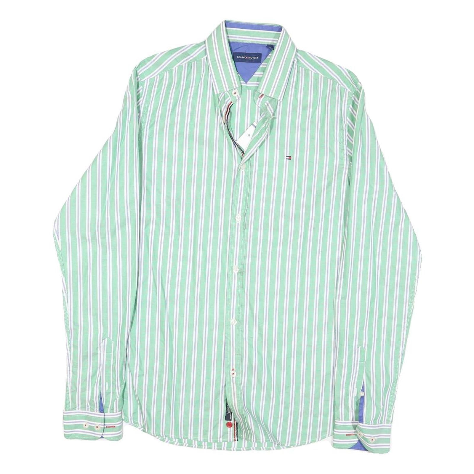 TOMMY HILFIGER Mens Green & White Striped Cotton Blend Shirt M Classic Fit