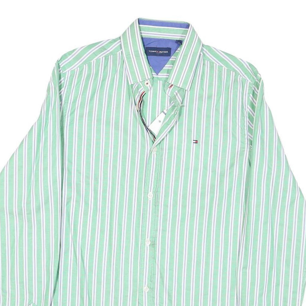 TOMMY HILFIGER Mens Green & White Striped Cotton Blend Shirt M Classic Fit