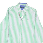 TOMMY HILFIGER Mens Green & White Striped Cotton Blend Shirt M Classic Fit