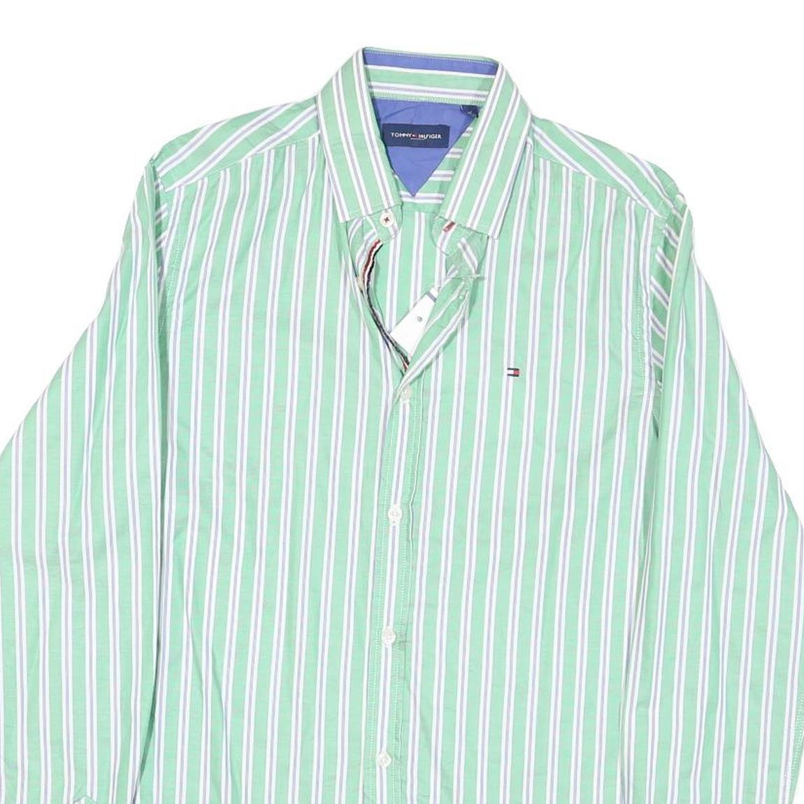 TOMMY HILFIGER Mens Green & White Striped Cotton Blend Shirt M Classic Fit