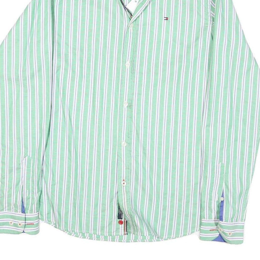 TOMMY HILFIGER Mens Green & White Striped Cotton Blend Shirt M Classic Fit