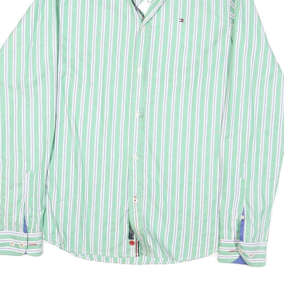 TOMMY HILFIGER Mens Green & White Striped Cotton Blend Shirt M Classic Fit
