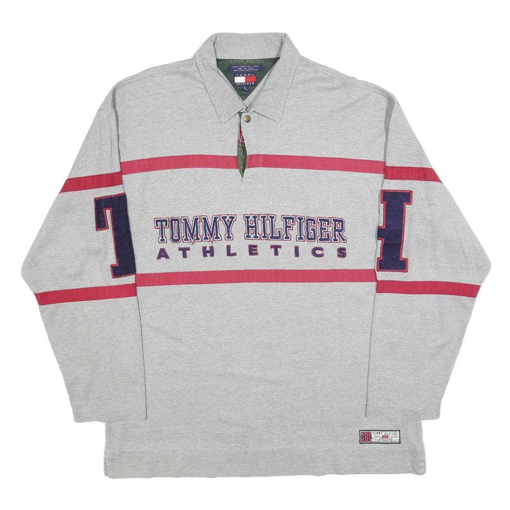 TOMMY HILFIGER Mens Grey Red Athletics Long Sleeve Polo Shirt XL Cotton Blend