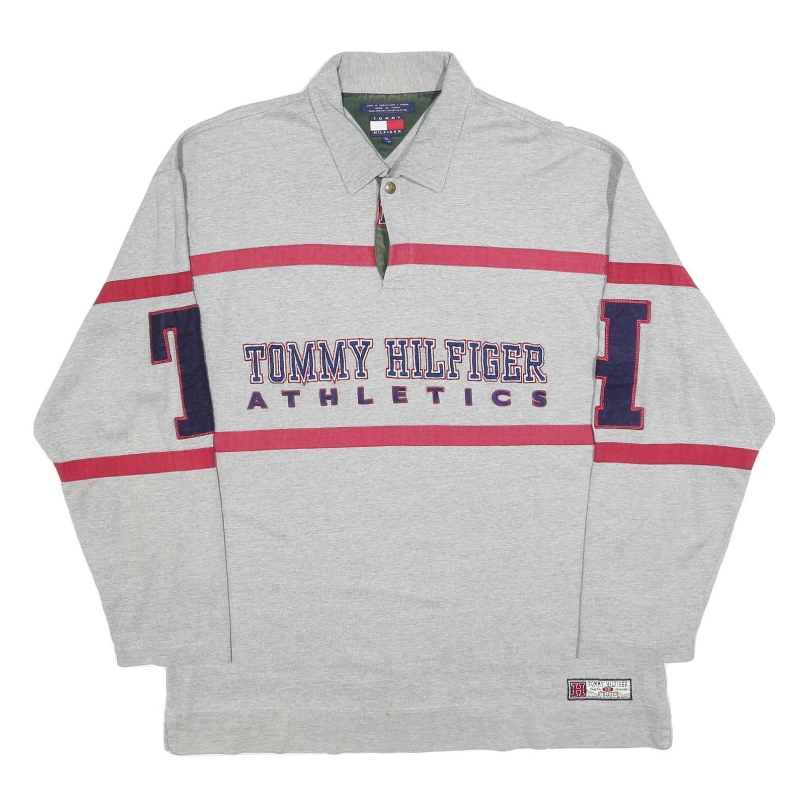 TOMMY HILFIGER Mens Grey Red Athletics Long Sleeve Polo Shirt XL Cotton Blend
