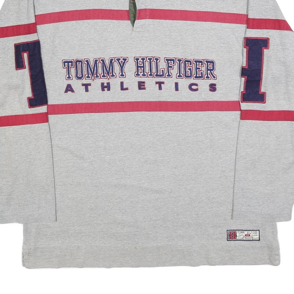 TOMMY HILFIGER Mens Grey Red Athletics Long Sleeve Polo Shirt XL Cotton Blend