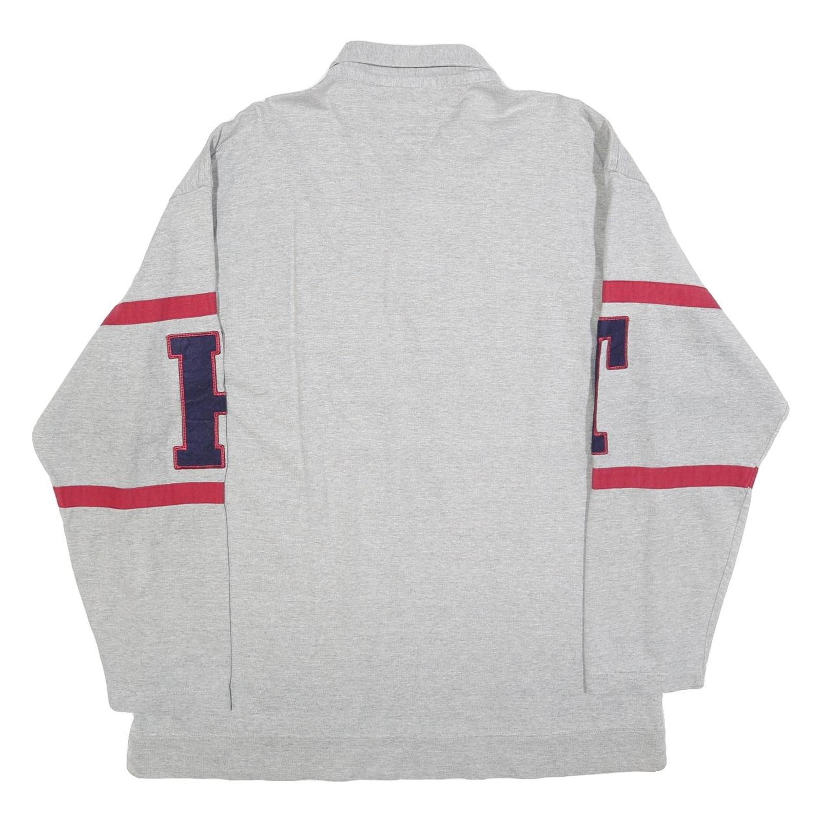 TOMMY HILFIGER Mens Grey Red Athletics Long Sleeve Polo Shirt XL Cotton Blend