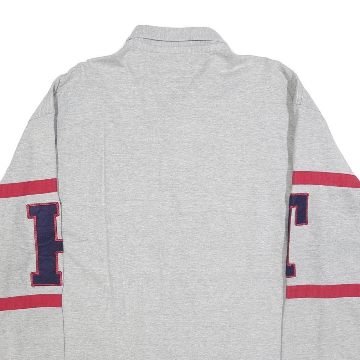 TOMMY HILFIGER Mens Grey Red Athletics Long Sleeve Polo Shirt XL Cotton Blend