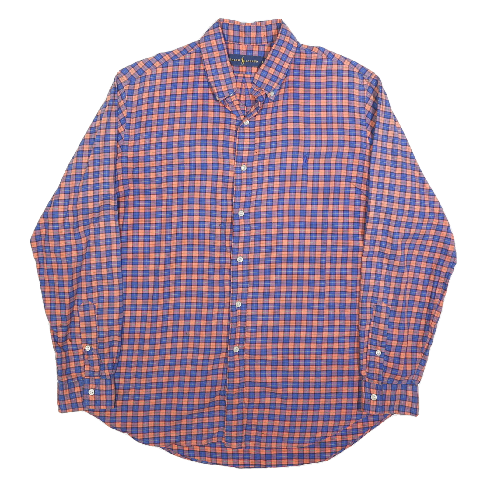 RALPH LAUREN Mens Blue & Orange Check Shirt L Cotton Blend Classic Button-Down