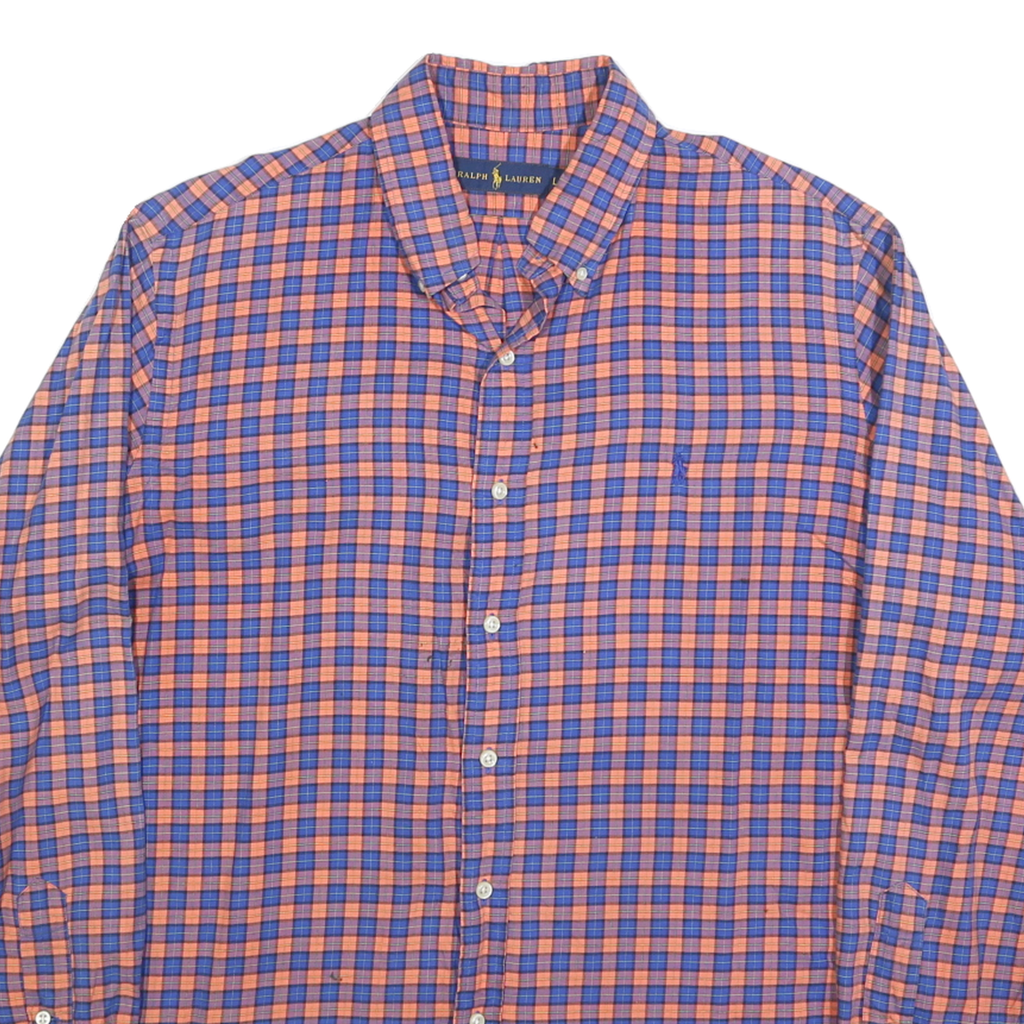 RALPH LAUREN Mens Blue & Orange Check Shirt L Cotton Blend Classic Button-Down