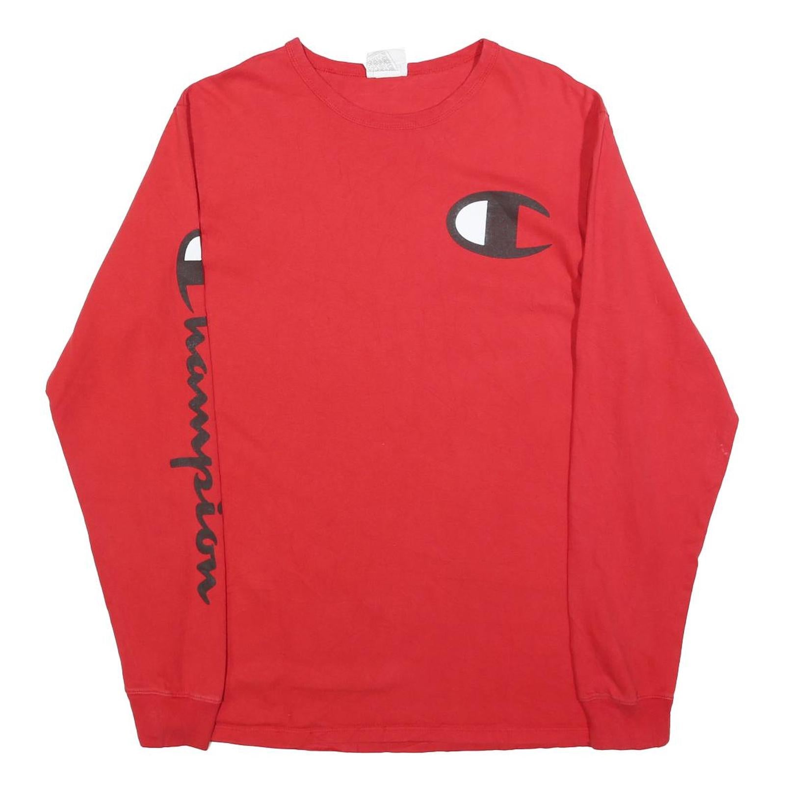 CHAMPION Mens Red Long Sleeve Crew Neck Logo Print L Cotton Blend T-Shirt